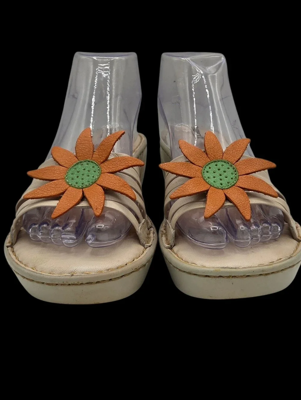 Y2k Born Sandals Cream Leather Wedge Orange Green Flower Applique Whimsical  7.5